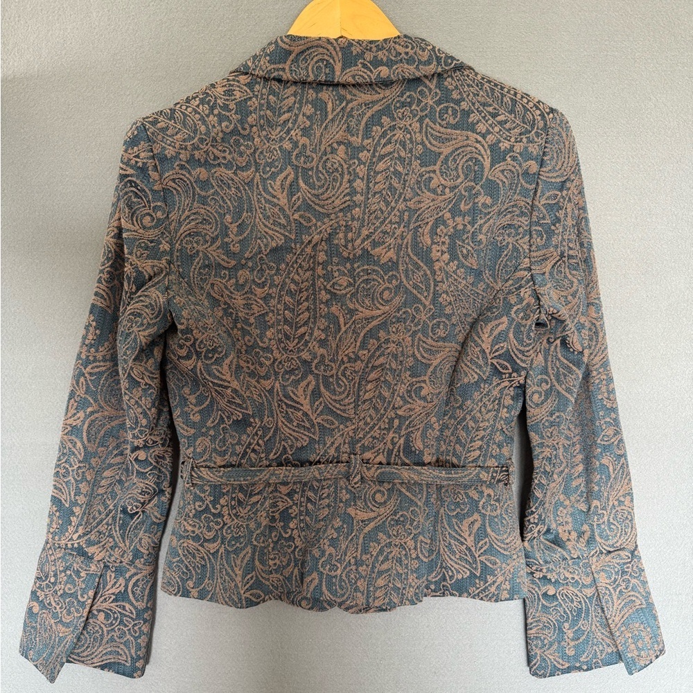 Biacci Jacquard Paisley Blazer Sz 6 Teal Bronze Jeweled Belted Jacket - Picture 5 of 13